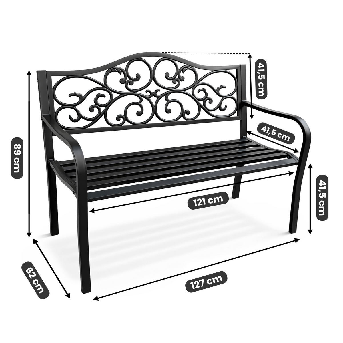 GARTENBANK IRGA Schwarz 127 x 89 x 62 cm - Schwarz, Metall (127/89/62cm) - Akord