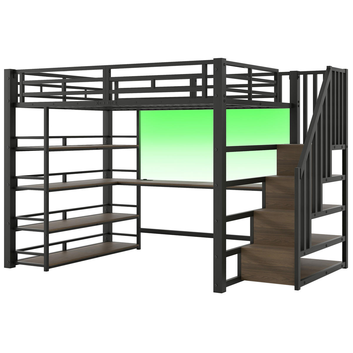VYVÝŠENÁ posteľ 140/200 cm čierna z kovu a MDF s písacím stolom, schodmi, policami, LED osvetlením a USB - čierna, kompozitné drevo (140/200cm) - OKWISH