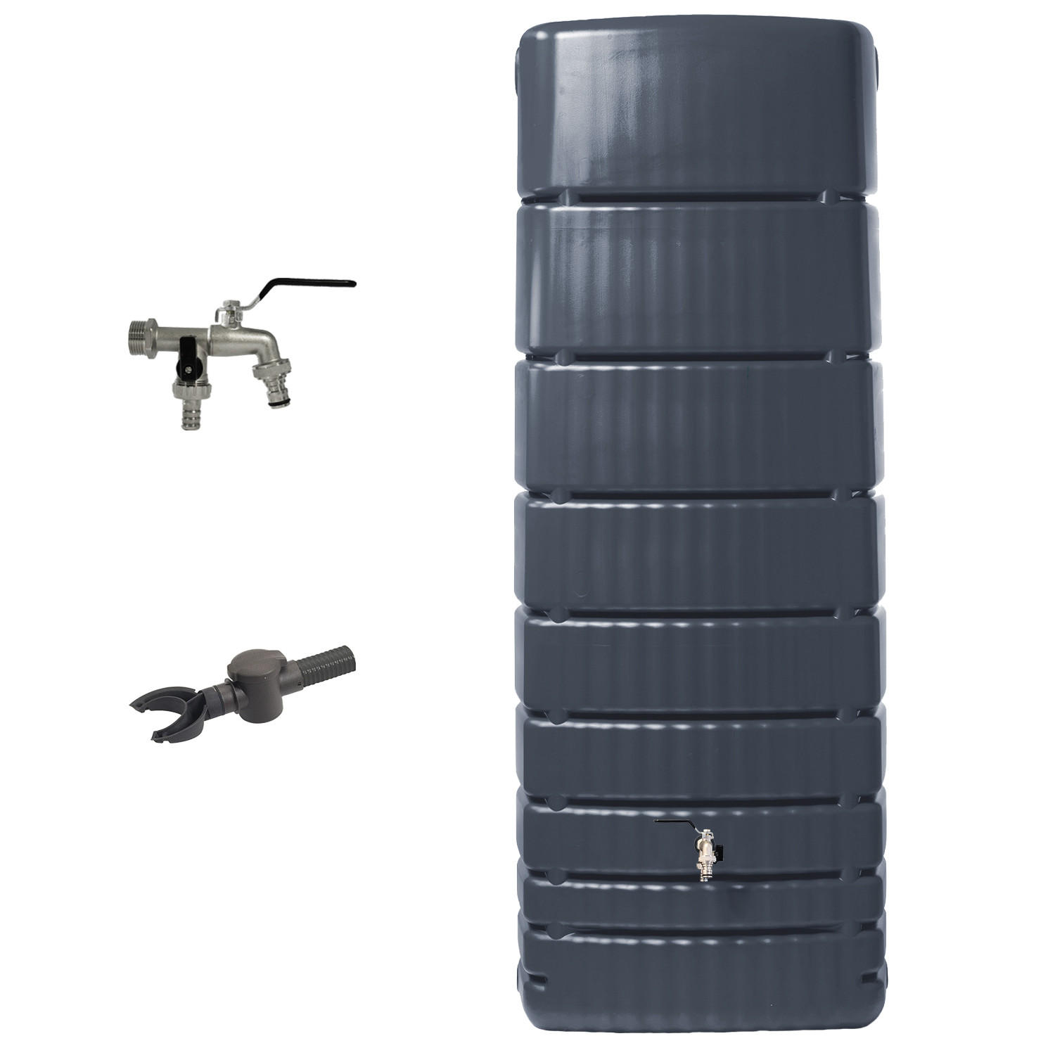 REGENTONNE Wandtank Komplett-Set 650 L, graphite grey inkl. Chrom-Doppelauslaufhahn und Fallrohranschluss - Grau, Kunststoff (79/210/52cm) - 4rain