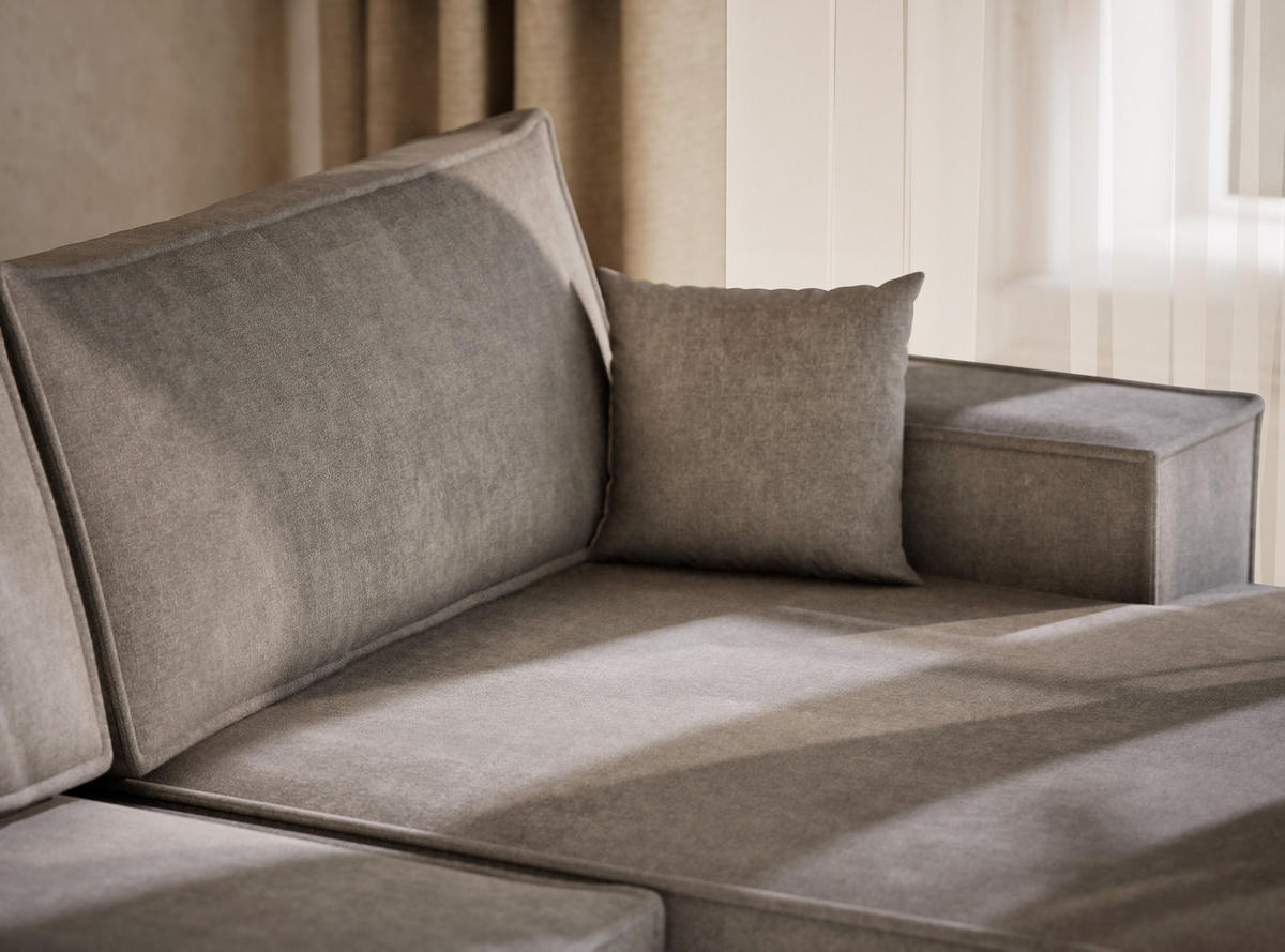 WOHNLANDSCHAFT Kyoto Grau Beige Webstoff - Schwarz/Grau, Holz/Holzwerkstoff (398/70/148cm) - Maison de Reve