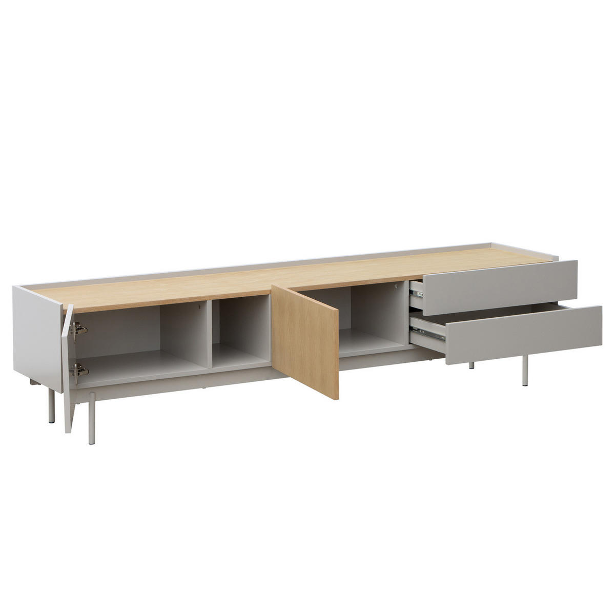 TV-LOWBOARD - Echtholzfurnier - Hellgrau / Eiche - Eichefarben/Hellgrau, Holzwerkstoff/Metall (180/45/40cm) - home24