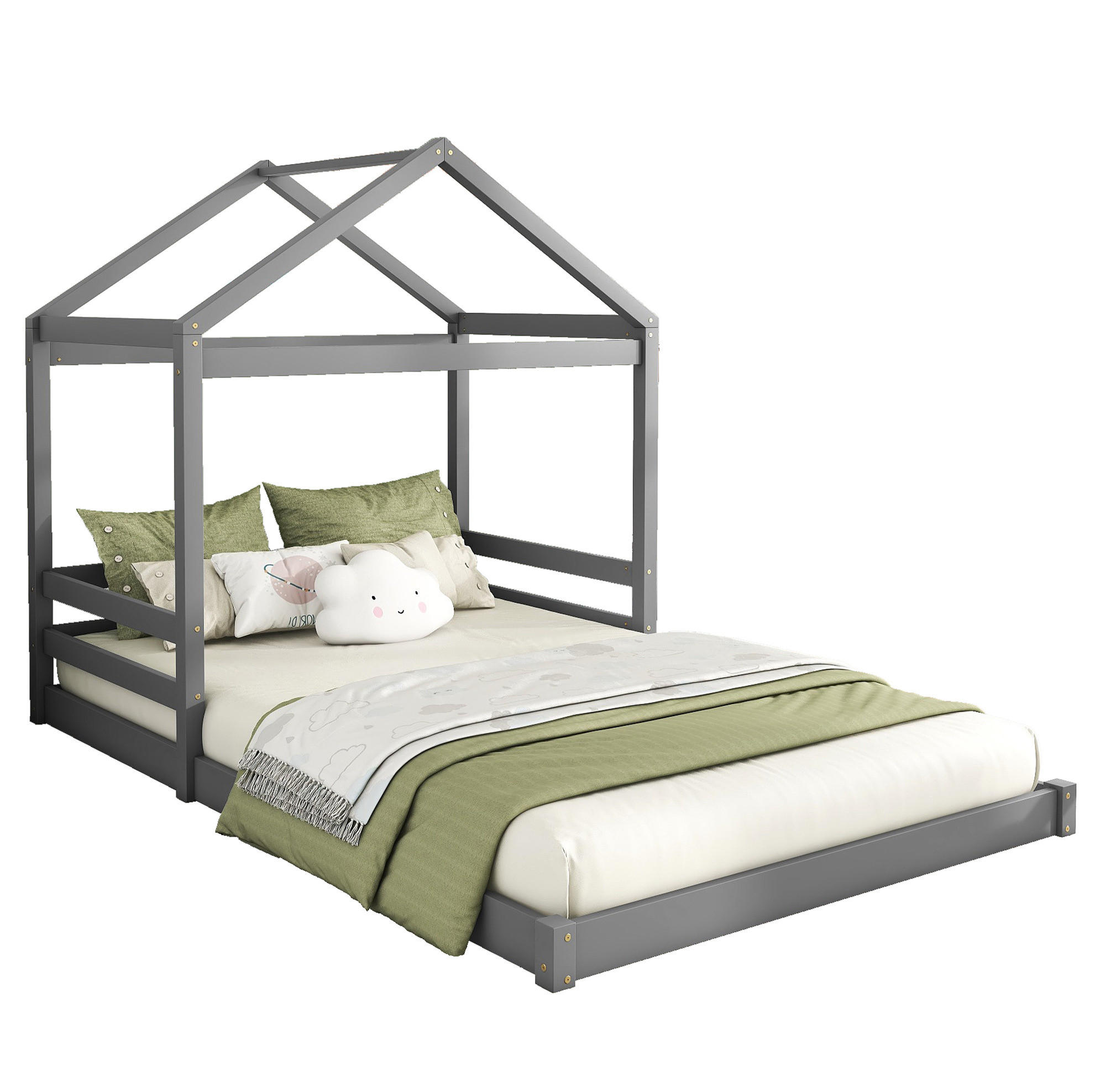 HAUSBETT 140/200 cm Grau aus Kiefernholz und MDF mit Lattenrost - Grau, Holz (140/200cm) - OKMYHOME