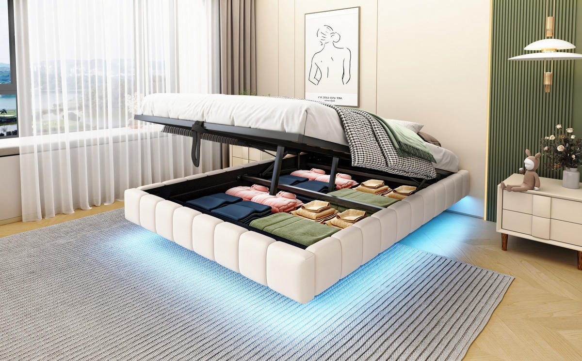 POLSTERBETT 140/200 cm Beige aus Stoff mit LED und Stauraum - Beige, Textil (140/200cm) - OKMYHOME