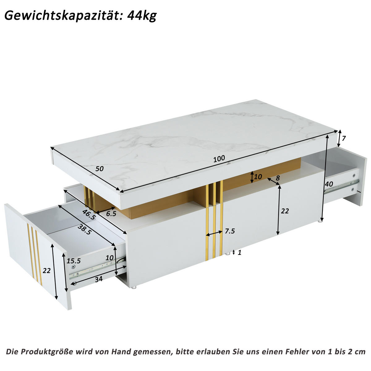 COUCHTISCH 100/50/40 cm in Weiß mit 2 Schubladen und Hochglanz-Tischplatte - Weiß, Holzwerkstoff (100/50/40cm) - Flora Grace