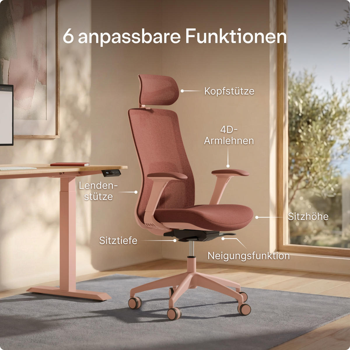 BÜROSTUHL Verstellbarer Ergonomischer SitOne Rosa 4-Dimensional Armlehne, Integrierte 4-Wege-Lendenwirbelstütze - Pink, Kunststoff (60/125/68cm) - Desktronic