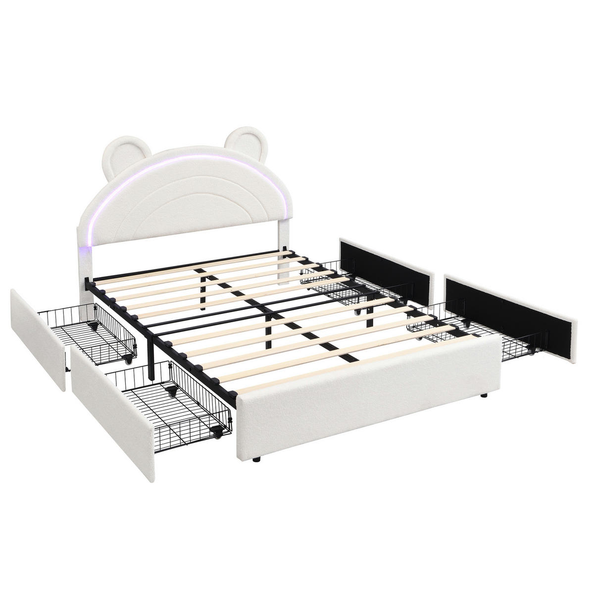 KINDER-POLSTERBETT aus Samt 140x200 cm Beige mit 4 Schubladen, Bären-Kopfteil und App-LED - Beige, Textil (140/200cm) - Modfu