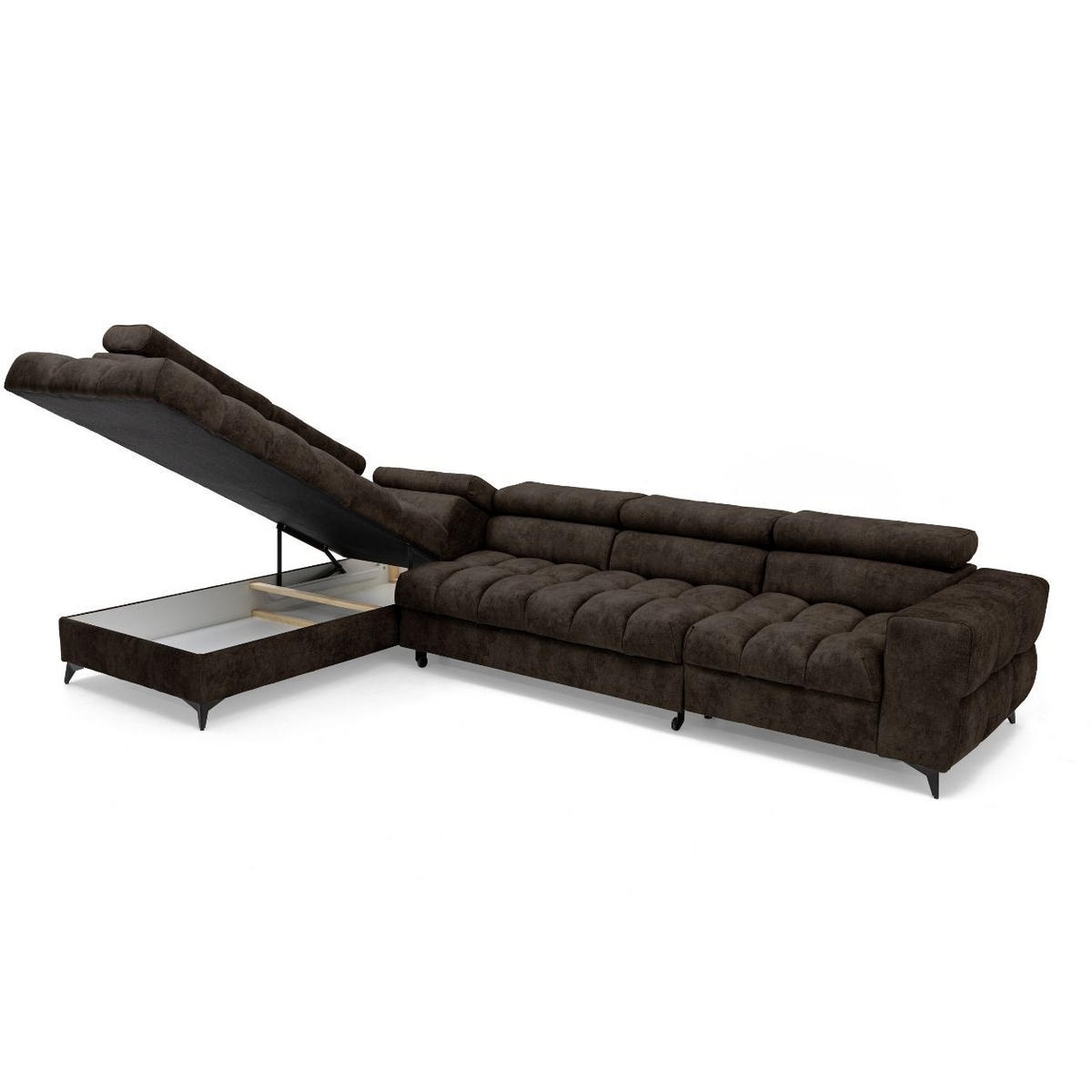 ECKSOFA PUDDING MAXI L Links mit Schlaffunktion 125x195 Velours Dunkelbraun - Dunkelbraun/Schwarz, Holz/Textil (350/203cm) - Muffo
