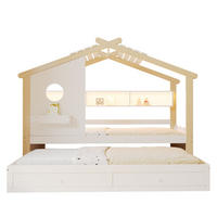 KINDERBETT 90/200+90/190 mit Ausziehbett, Schubladen, LED, USB/Type-C und Regalen in Weiß + Natur - Weiß/Naturfarben, Holzwerkstoff (90/200cm) - EVRYAE