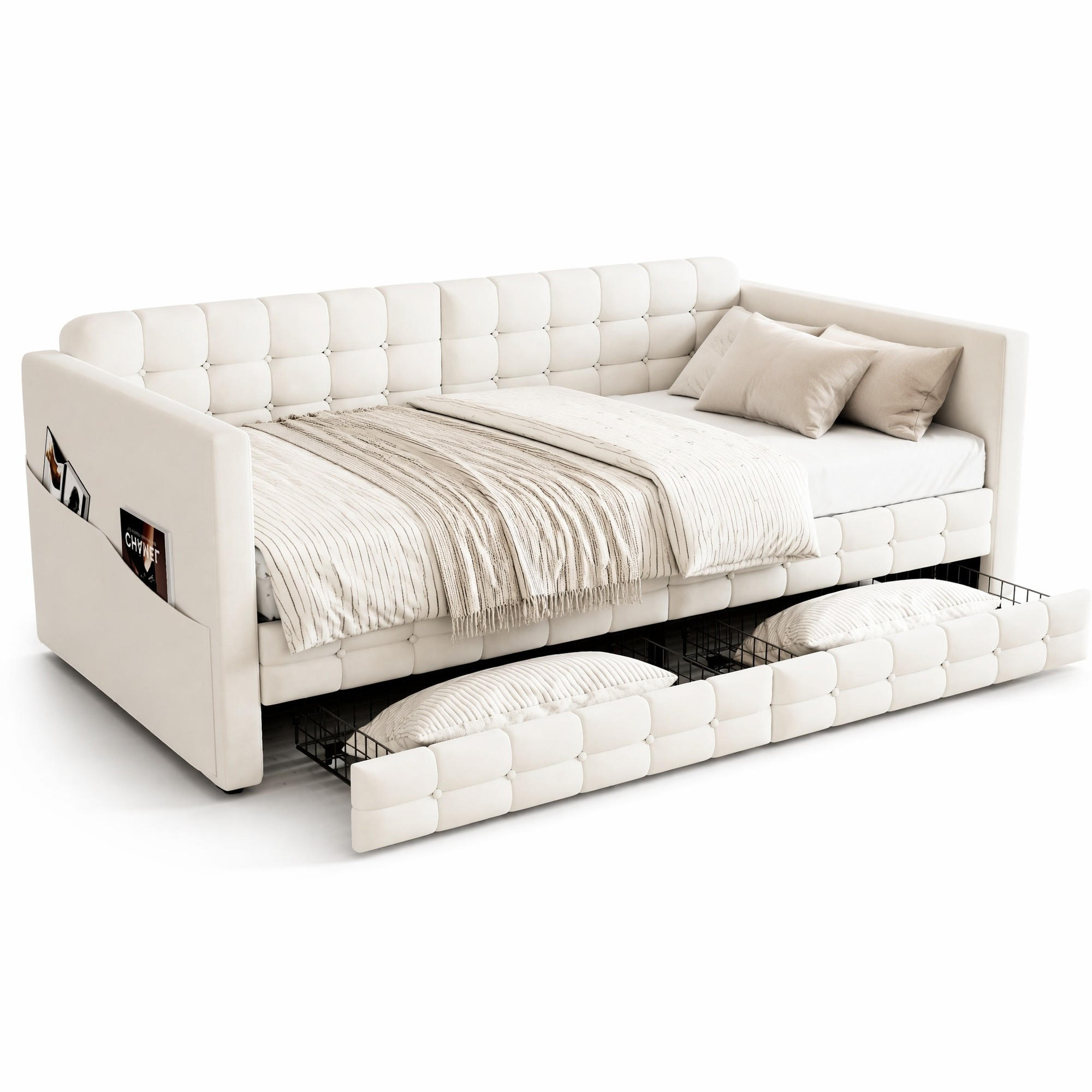 ČALOUNĚNÁ POSTEL 90/190 cm v béžové barvě se sametem, kapsami a 2 zásuvkami - béžová, kov/kompozitní dřevo (90/190cm) - CHICFURN