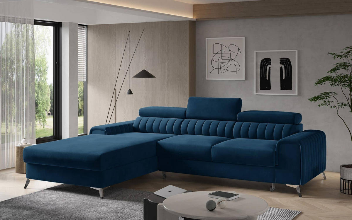 ECKSOFA mit Schlaffunktion und Bettkasten - Chromfarben/Dunkelblau, Textil/Metall (278/205cm) - Eltap