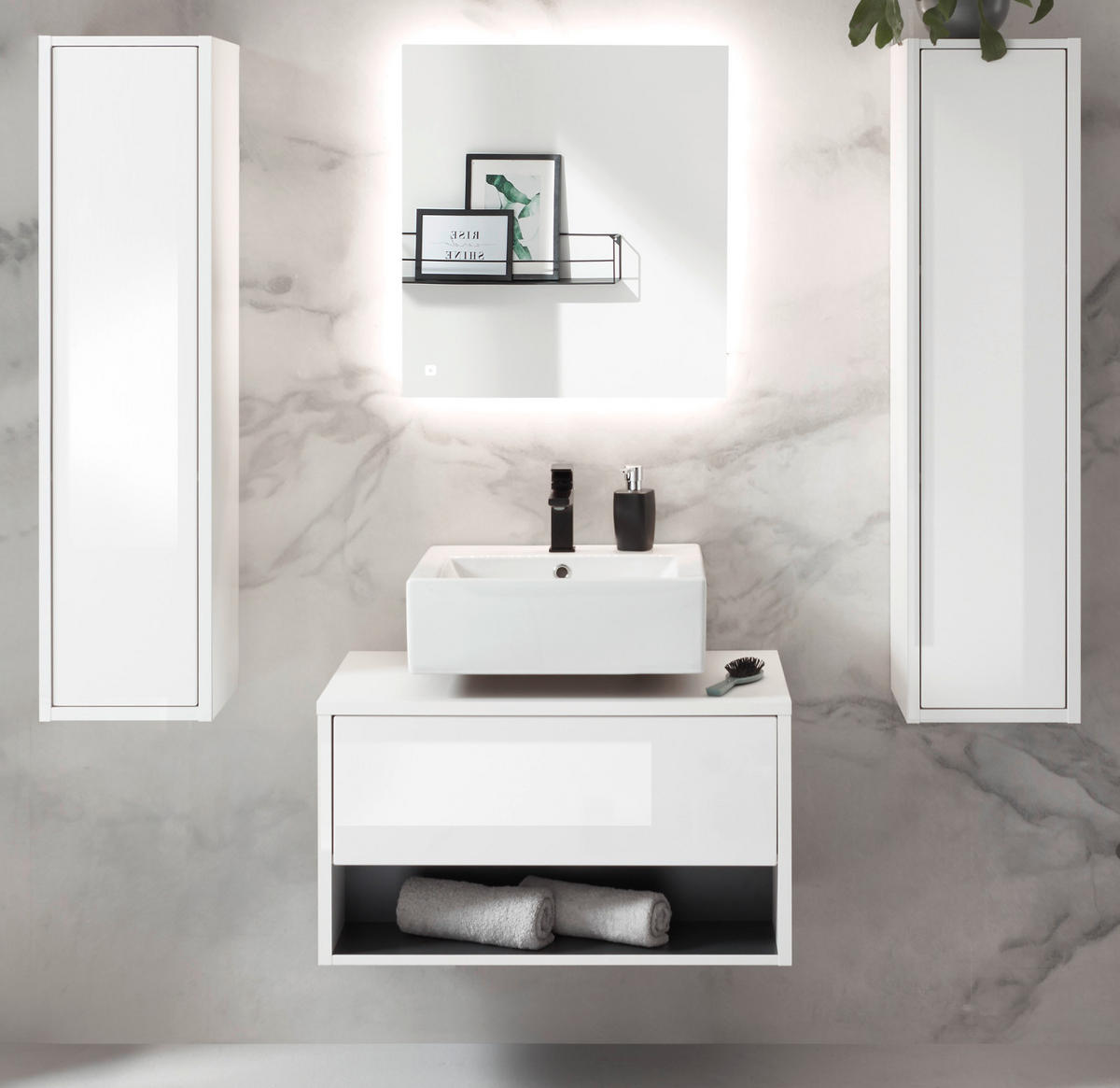 BADMÖBEL-SET 4-teilig weiß Hochglanz, grau, Badezimmerschränke mit LED Beleuchtung 160 cm - Weiß Hochglanz/Grau, Glas/Holzwerkstoff (160/190/46cm) - Furn.Design