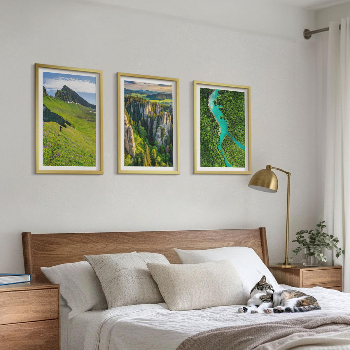 WANDBILDER 3er Set - 40x60 cm Goldrahmen - Grüne Berge, Flussfelsen - Goldfarben, Kunststoff (40/60cm) - ArtPrintCave