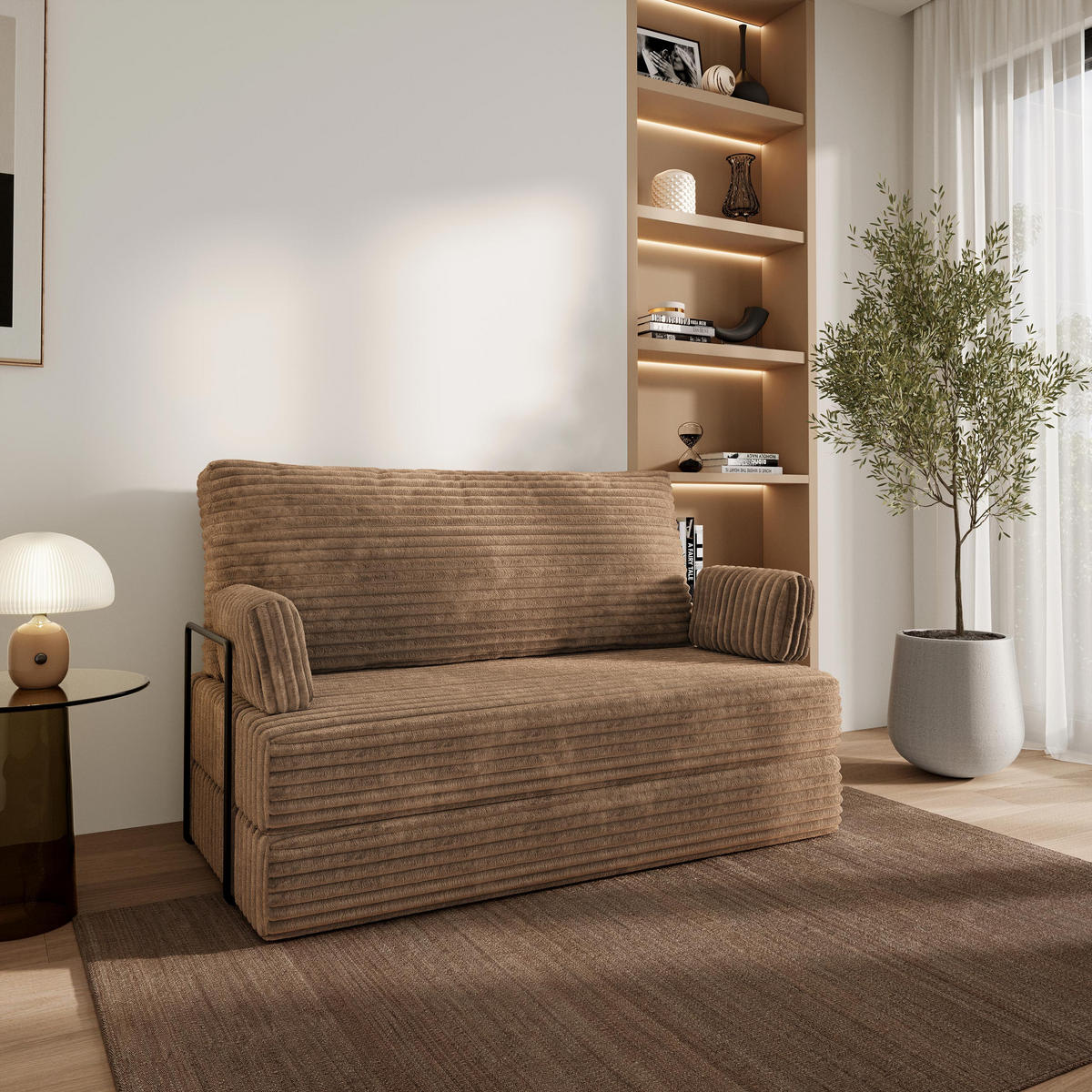 BETTSOFA LADIA aus Schaumstoff Cordstoff Beige Schlaffunktion - Beige, Textil (140/86/60cm) - MASSENO