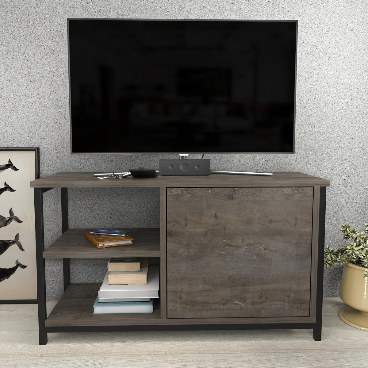 TV Unit Muskegon Weiß - Dunkelbraun, Holzwerkstoff (90/51/36cm) - Decorotika