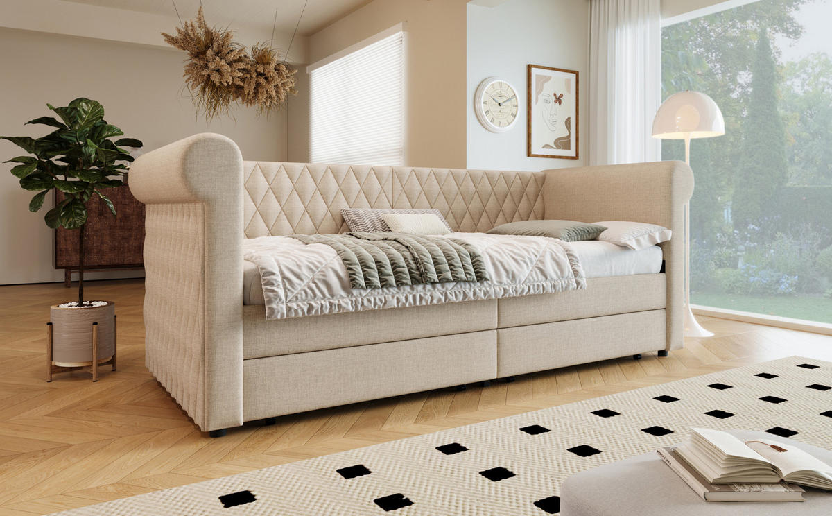 POLSTERBETT 90/200 cm Beige aus Leinen mit 2 Schubladen - Beige, Textil (90/200cm) - OKMYHOME
