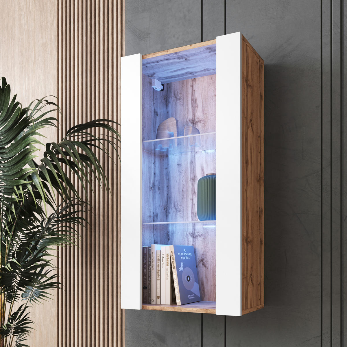 HÄNGEVITRINE TIVOLI Vertical 100, Weiss, LED Blau - Eiche Wotan/Weiß, Glas/Holzwerkstoff (50/100/29.5cm) - Komodee