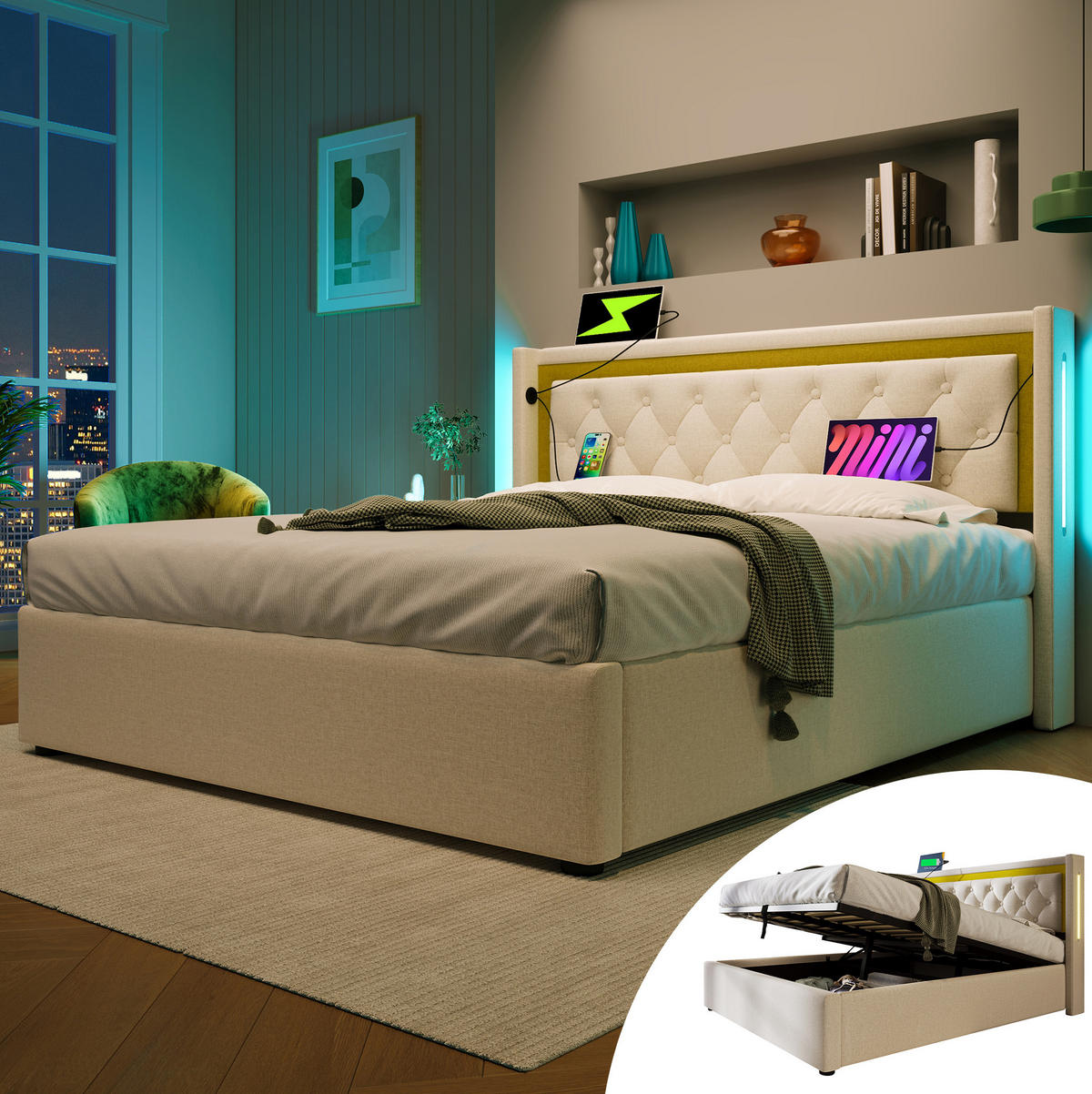 BETT mit LED, USB und Stauraum 140x200 cm Beige - Beige, Metall (140/200cm) - Meubliv