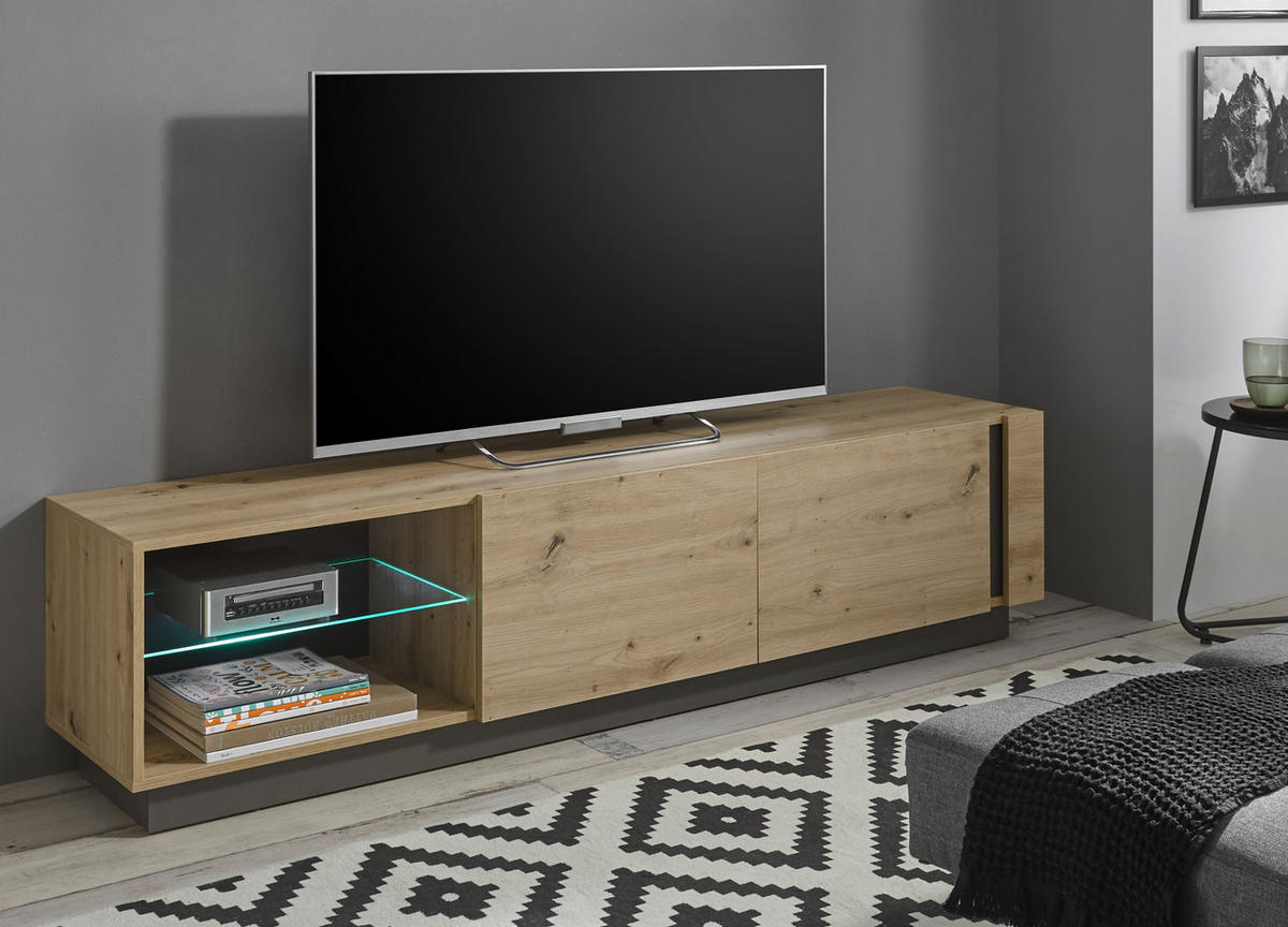 TV-LOWBOARD Eiche Artisan, Graphit grau 188 cm, TV-Unterteil mit Push-to-open - Eiche Artisan/Grau, Glas/Holz (188/46/40cm) - Furn.Design