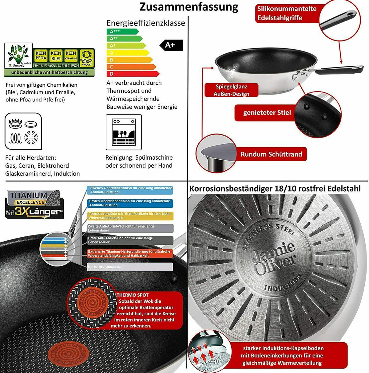 PFANNENSET Edelstahl J90936 Jamie Oliver 6-teilig Ø 20/24/26 cm Wok 28 cm Antihaft induktionsgeeignet, Bratpfanne - Silberfarben, Keramik/Metall - Tefal