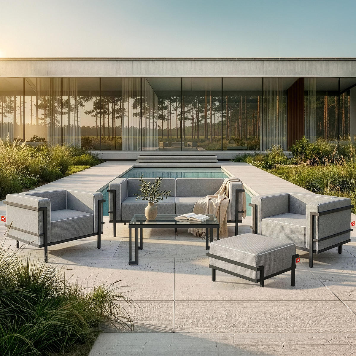 GARTENLOUNGE-HOCKER TRIGLO auf Metallfüßen, Modern, Dunkelgrau - Dunkelgrau/Weiß, Textil/Metall (69/44/54cm) - KONSIMO®