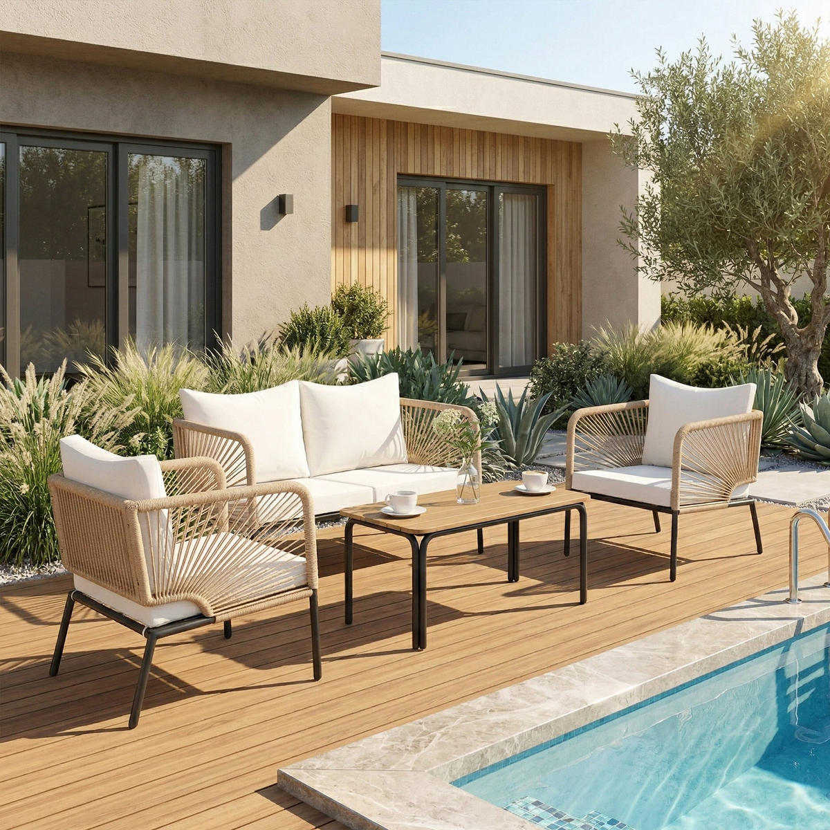 GARTENMÖBEL SET DE-06575, 2er Sofa, 2 Sessel, Lamell-Tisch, Seilflecht Grau - Weiß, Kunststoff/Metall - ComfortXL