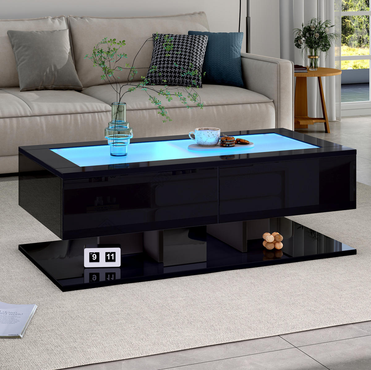 COUCHTISCH 100/50/35 cm schwarz aus Spanplatte und Glas mit LED-Licht - Schwarz, Holzwerkstoff (100/50/35cm) - OKMYHOME
