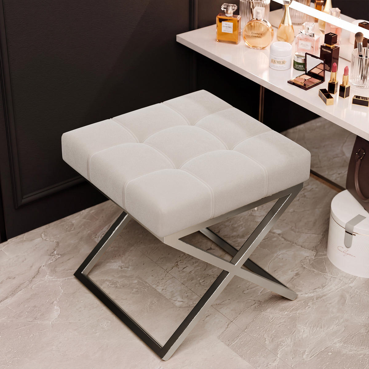 HOCKER LIND 45/45/45 cm, Chrom / Hellbeige - Sandfarben/Chromfarben, Textil/Metall (45/45/45cm) - Idohome