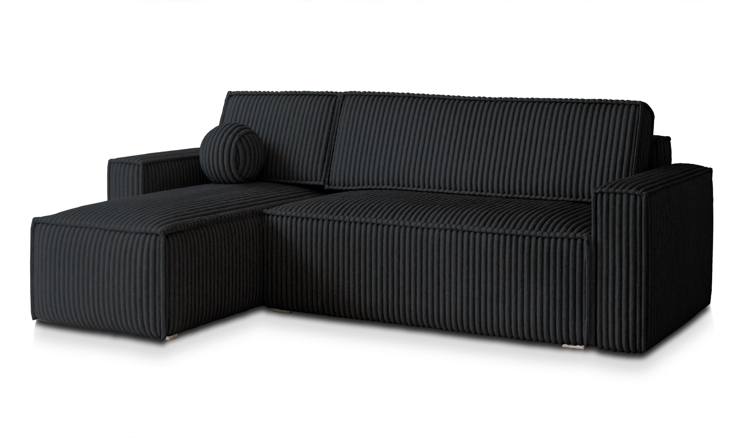 ECKSOFA RAVELO T Schwarz Kordstoff mit Schlaffunktion - Schwarz, Holz (240/140cm) - MASSENO