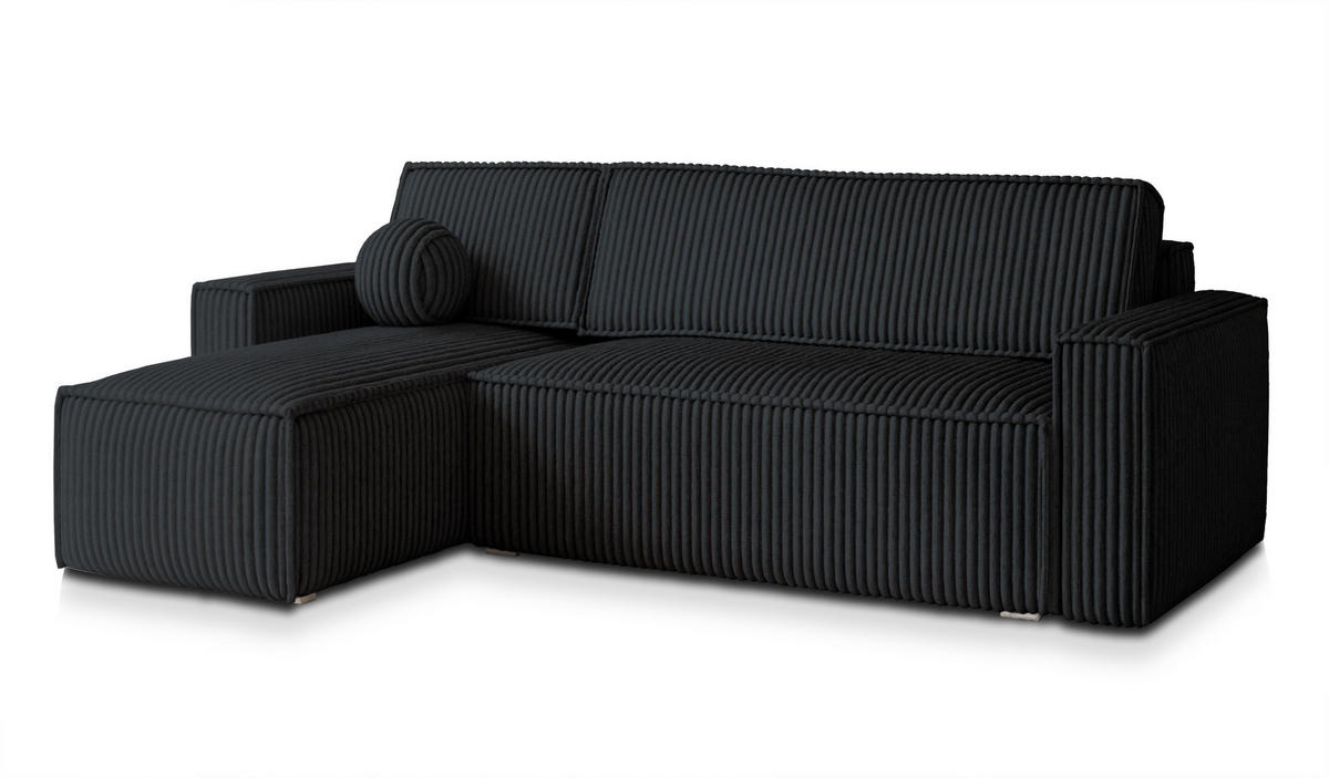 ECKSOFA RAVELO T Schwarz Kordstoff mit Schlaffunktion - Schwarz, Holz (240/140cm) - MASSENO