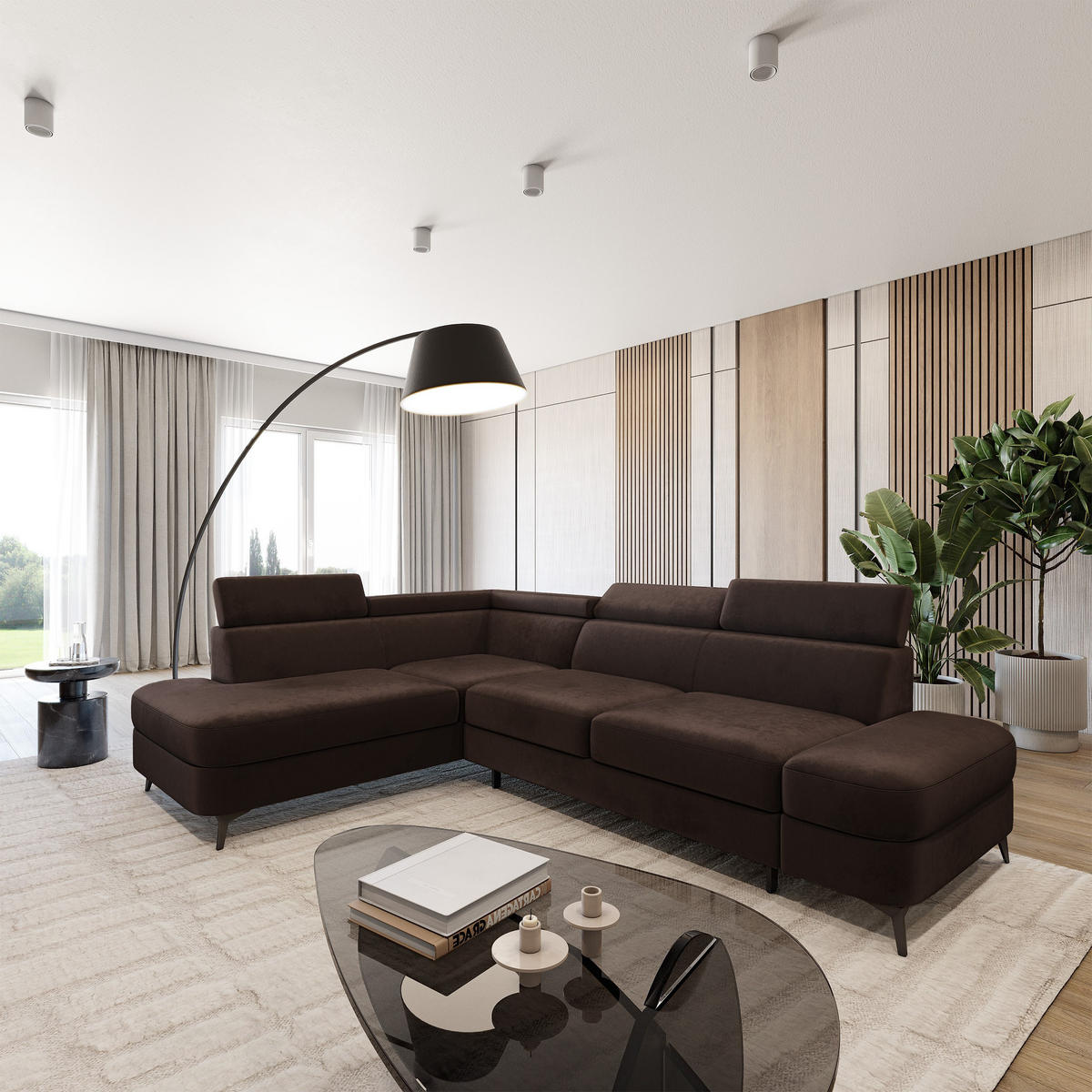 ECKSOFA AVISE M L-S Braun Velours-Stoff mit Schlaffunktion - Braun, Holzwerkstoff/Textil (268/195cm) - MASSENO