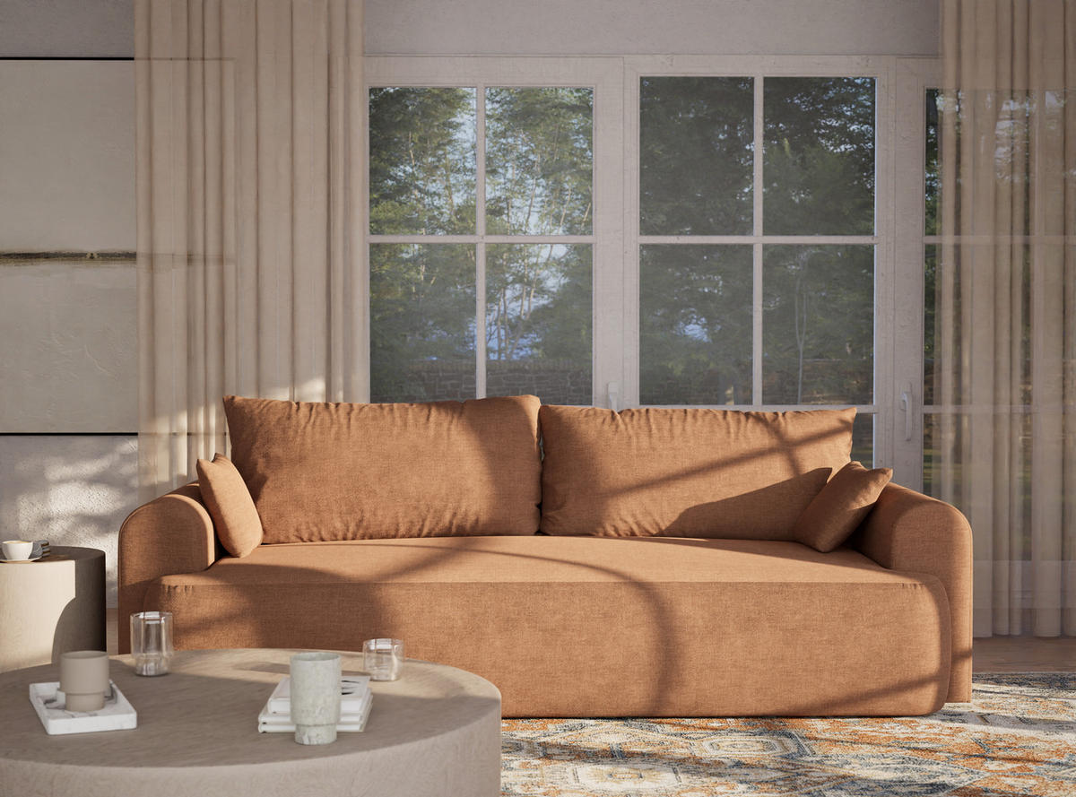 SOFA MIT SCHLAFFUNKTION Toluca Hellbraun Chenille-Stoff - Hellbraun/Schwarz, Holz/Holzwerkstoff (247/69/104cm) - Maison de Reve