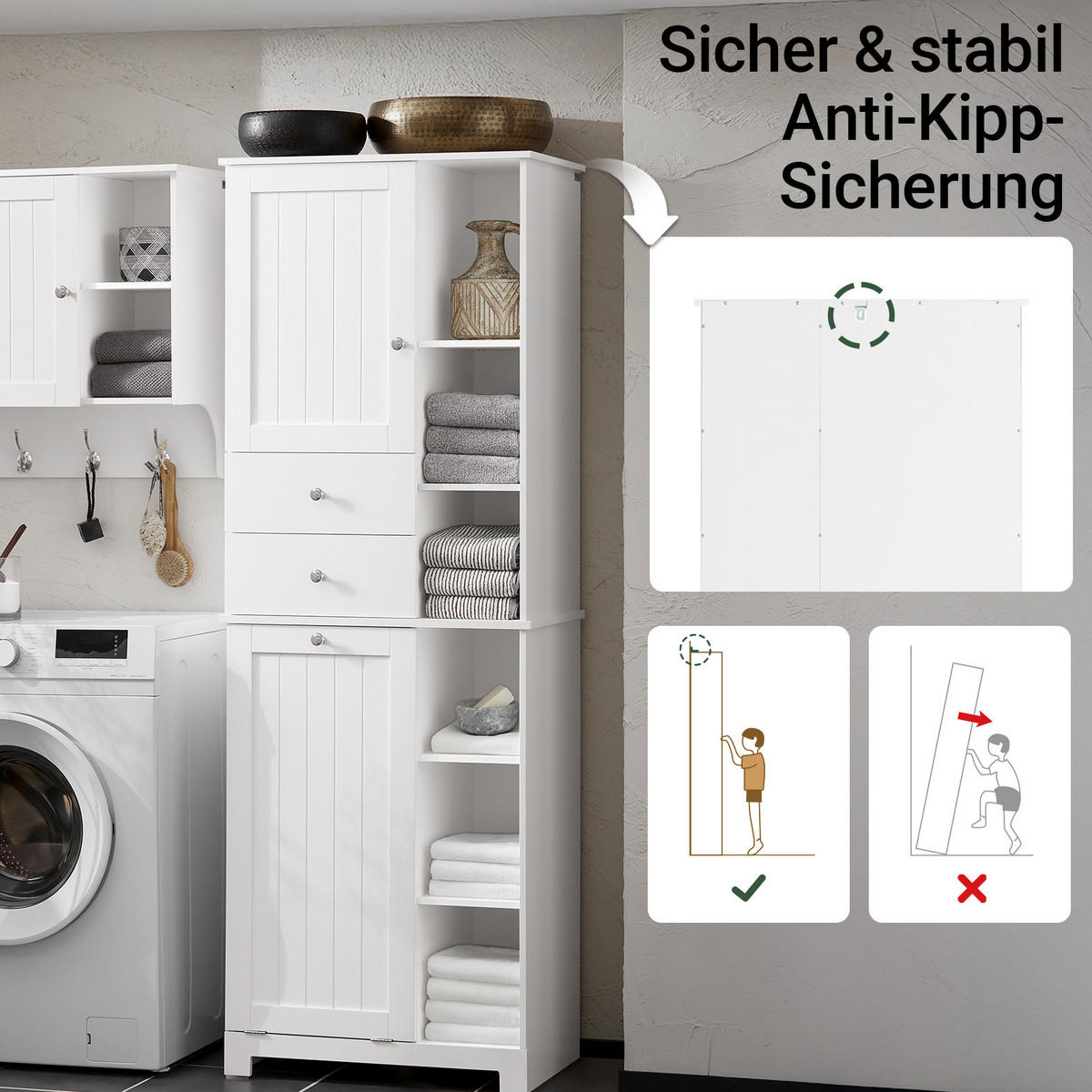 HOCHSCHRANK mit Wäschesack, Badezimmerschrank, 60x37x171cm - Weiß, Holzwerkstoff (60/171/37cm) - SoBuy
