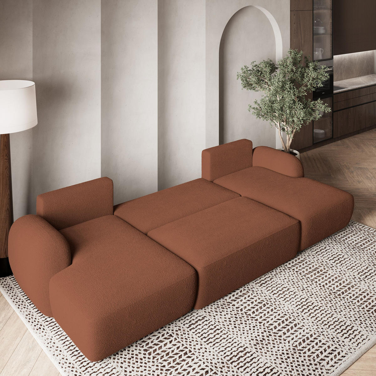 WOHNLANDSCHAFT SAVONA N Orange Boucle-Stoff mit Schlaffunktion - Orange, Holz (320/90/148cm) - MASSENO