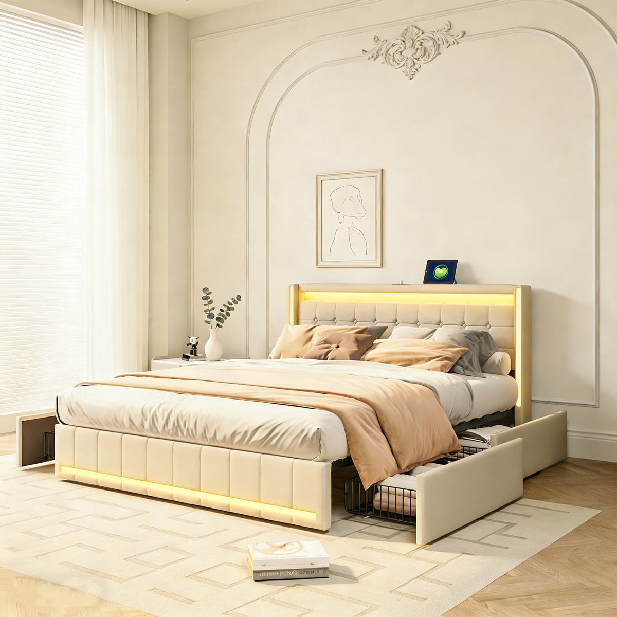 POLSTERBETT 180x200 cm mit 4 Schublade, Doppelbett 180x200 cm mit LED und USB, Lattenrost, Bett 180x200, Beige Leinenstoff - Beige, Holzwerkstoff/Textil (180/200cm) - GENKI LIVING