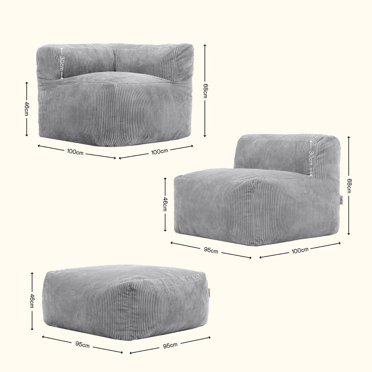 SITZSACK-SOFA 4-tlg. ZEN: Ecksessel, 2 Sessel, Fußstütze - Grau, Textil (450/68/100cm) - icon