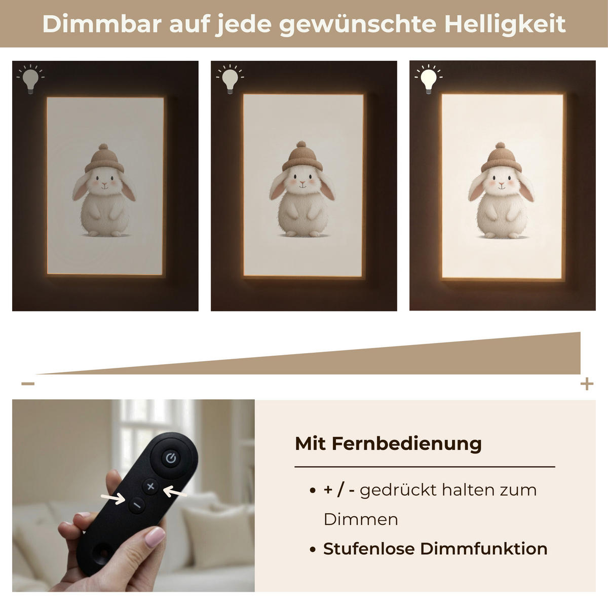 NÁSTĚNNÁ LAMPA S AKUMULÁTOREM Králík - Klobouk - Uši - béžový 70x100 cm - krémová, kompozitní dřevo (70/100/8cm) - OnlyWow