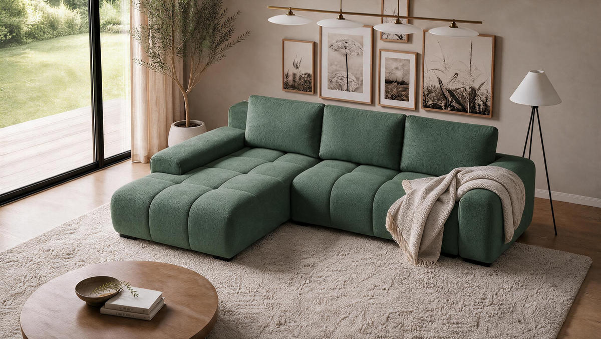 ECKSOFA Ovia mit Bettkasten und Schlaffunktion, Bouclé-Stoff in L-Form - Grün, Textil (270/185cm)