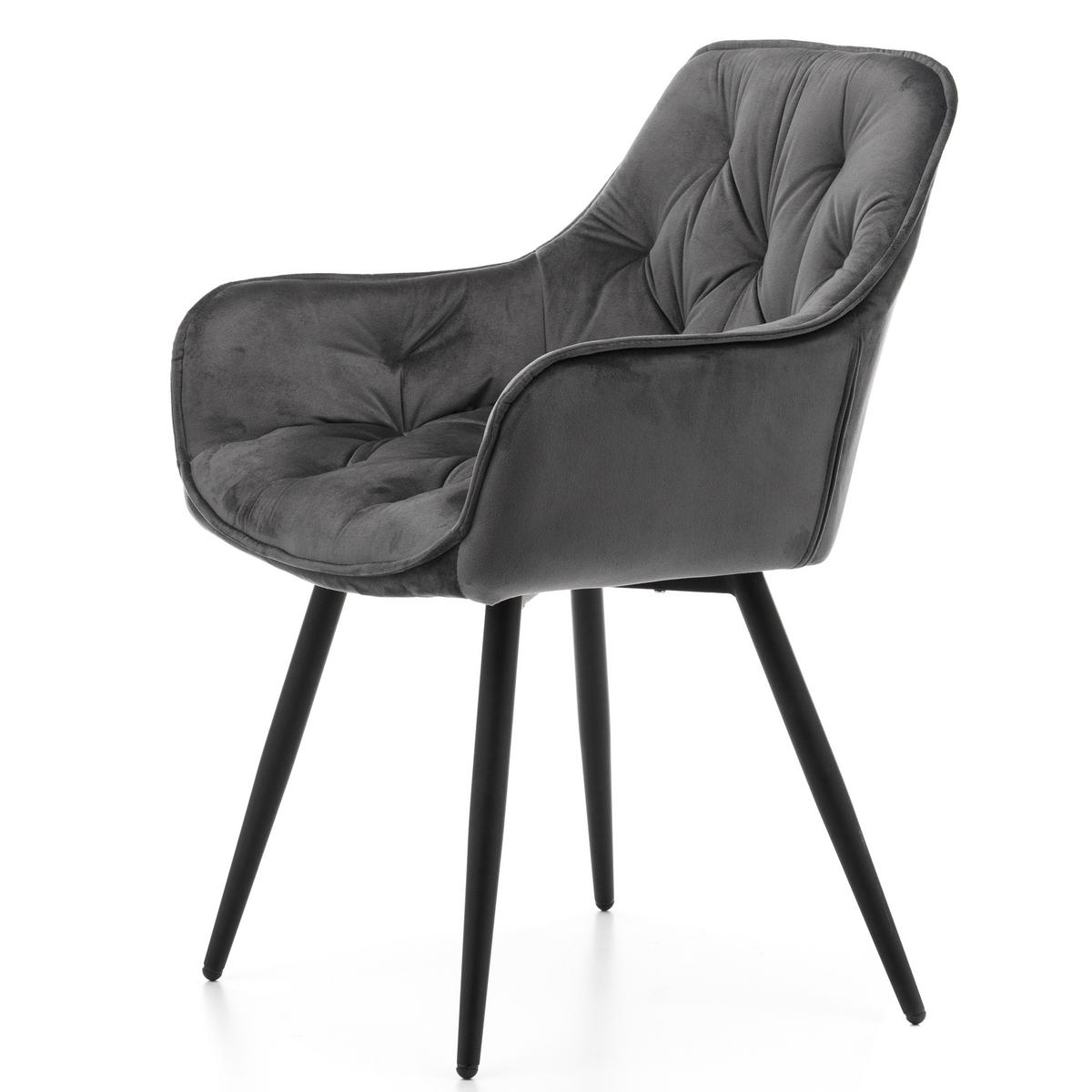STUHL SIENA gepolstert mit Steppung - grau schwarze Beine - Samt Velours - Schwarz/Grau, Textil/Metall (58/87/61cm) - NEW HOME