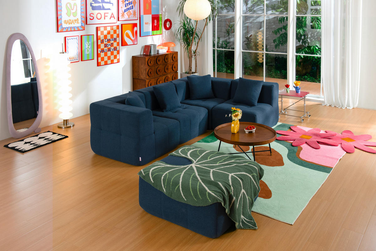 ROHOVÁ sedačka bouclé tkanina tmavomodrá - modrá, textil (260/190cm) - MILYsofa