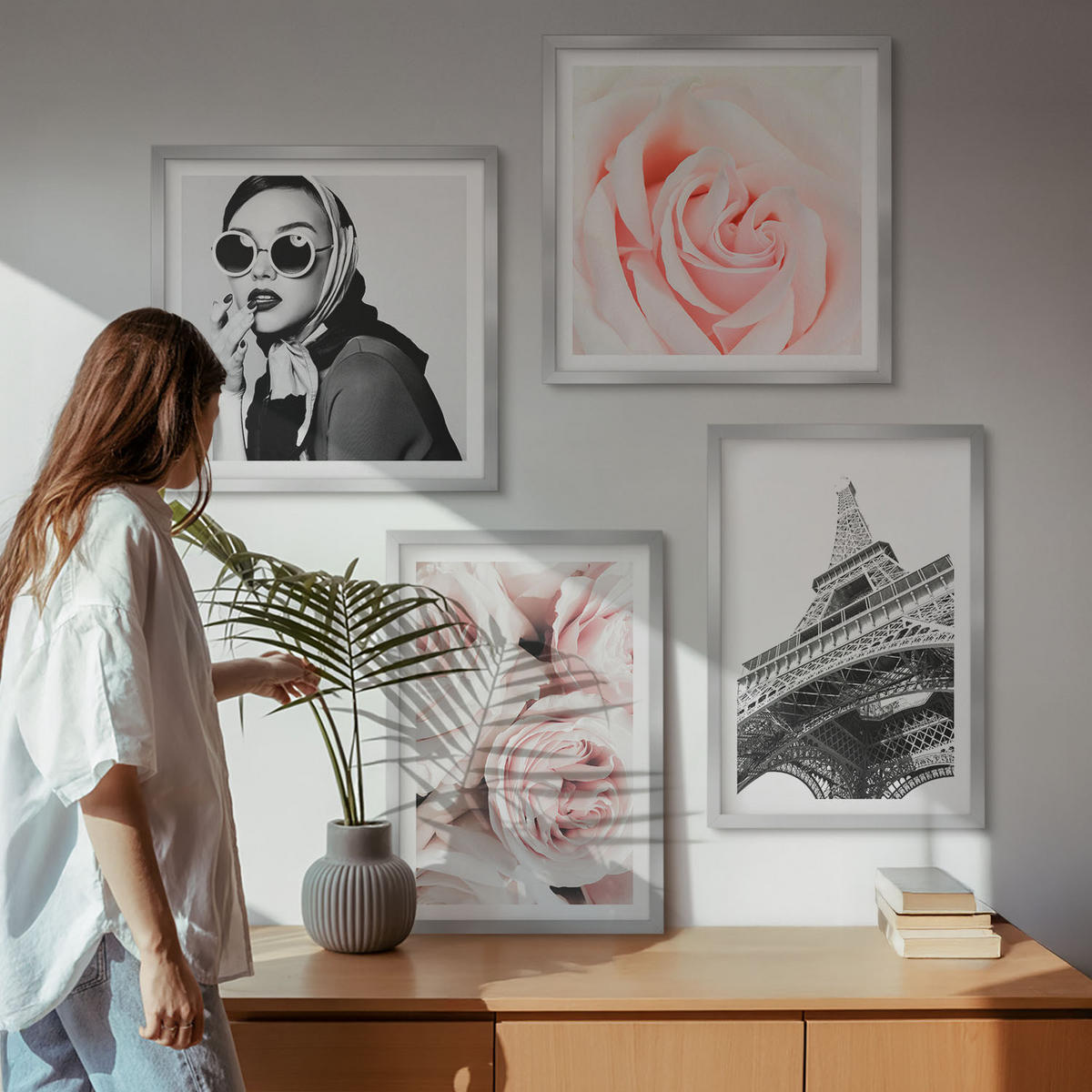 WANDBILDER 4er Set - 50x50 cm & 40x60 cm Silberner Rahmen - Eiffels Porträt einer Frau mit Rosen - Silberfarben, Kunststoff (50/50cm) - ArtPrintCave