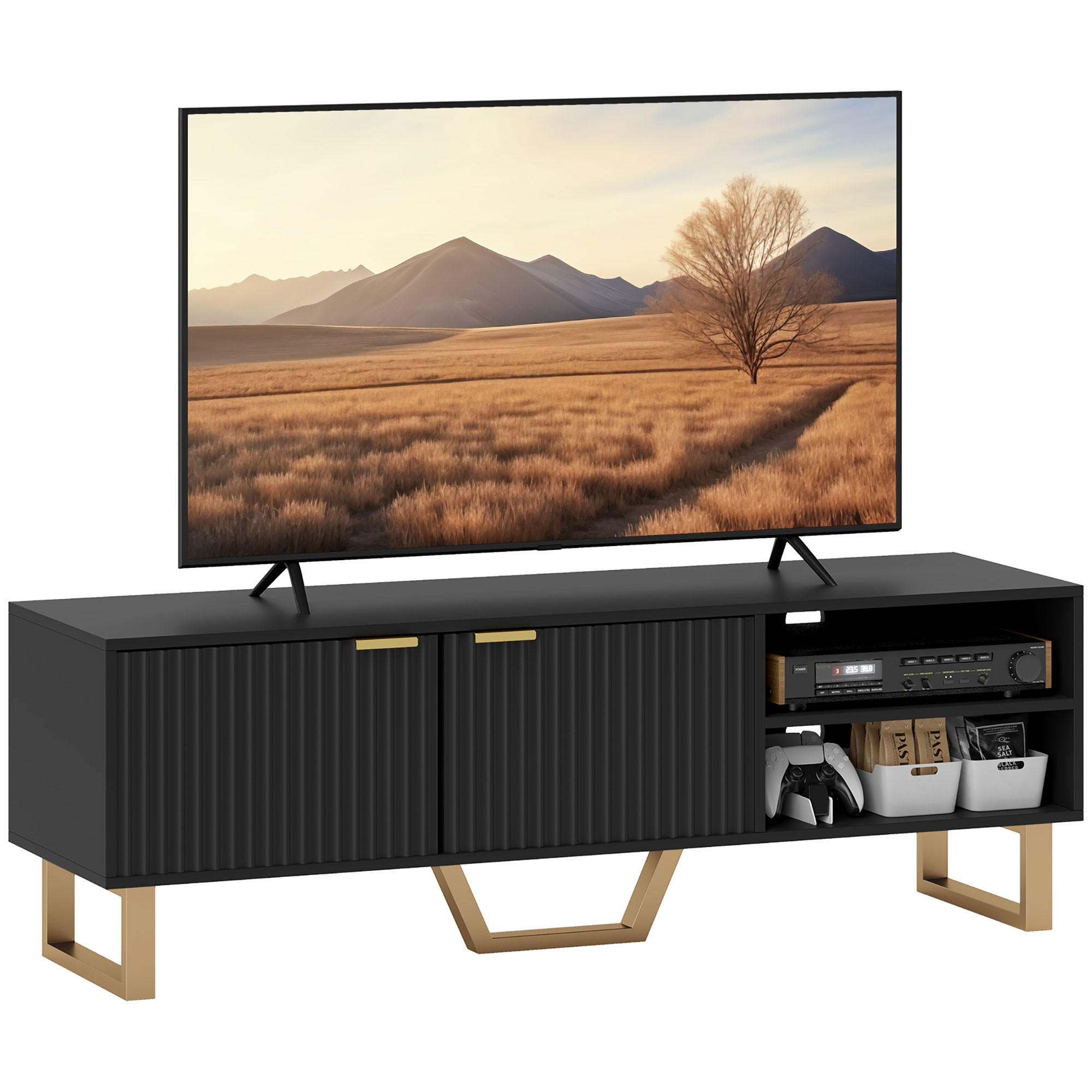 TV-LOWBOARD Holzoptik/Gold 140/39/47 cm, 2 geriffelte Türen, offene Fächer - Schwarz, Holzwerkstoff (140/47/39cm) - PANGIVO