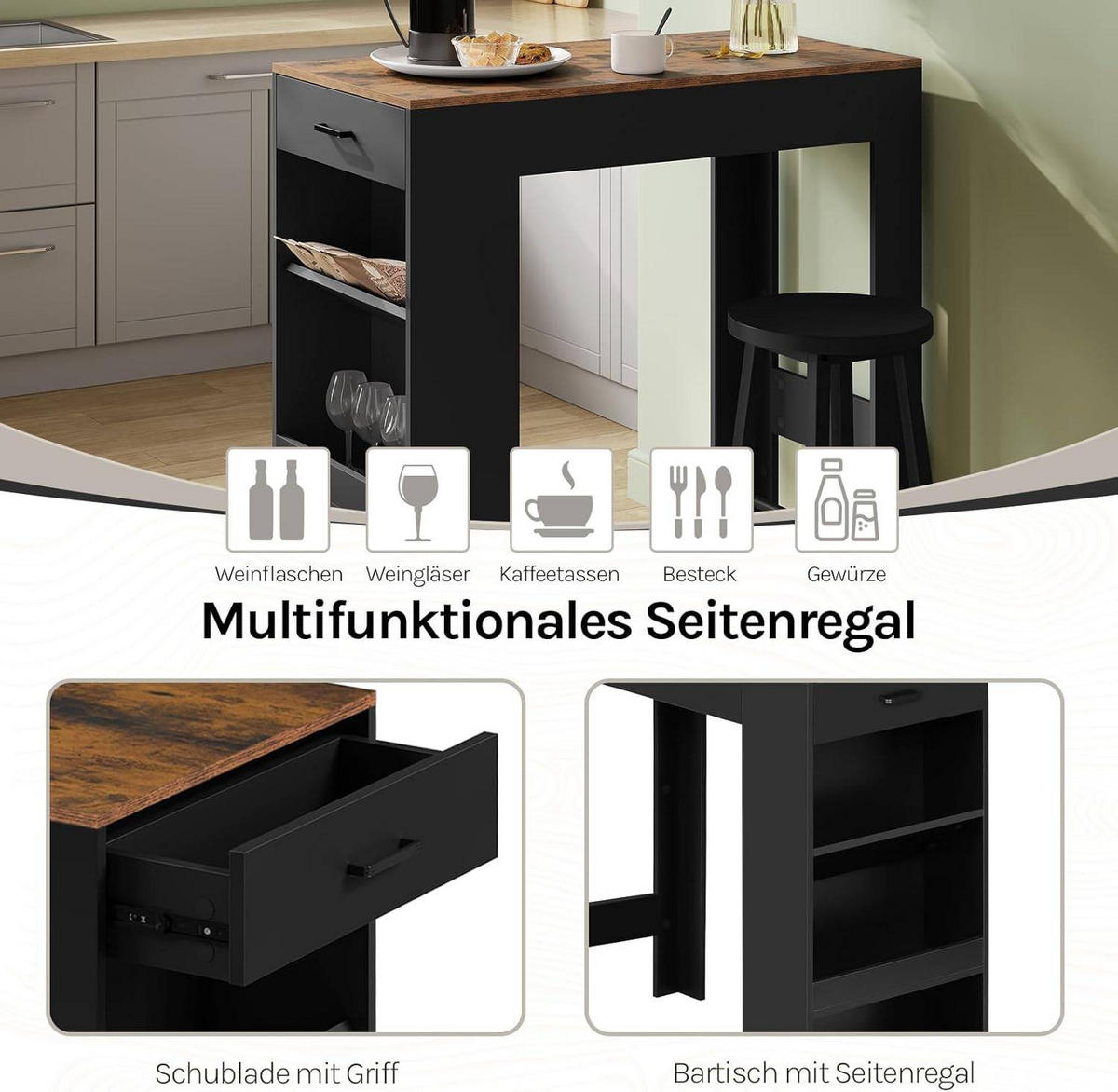 BARTISCH, Küchentisch mit Weinregal,100 x 50 x 100 cm - Dunkelbraun/Schwarz, Holzwerkstoff (50/100/100cm) - Woltu