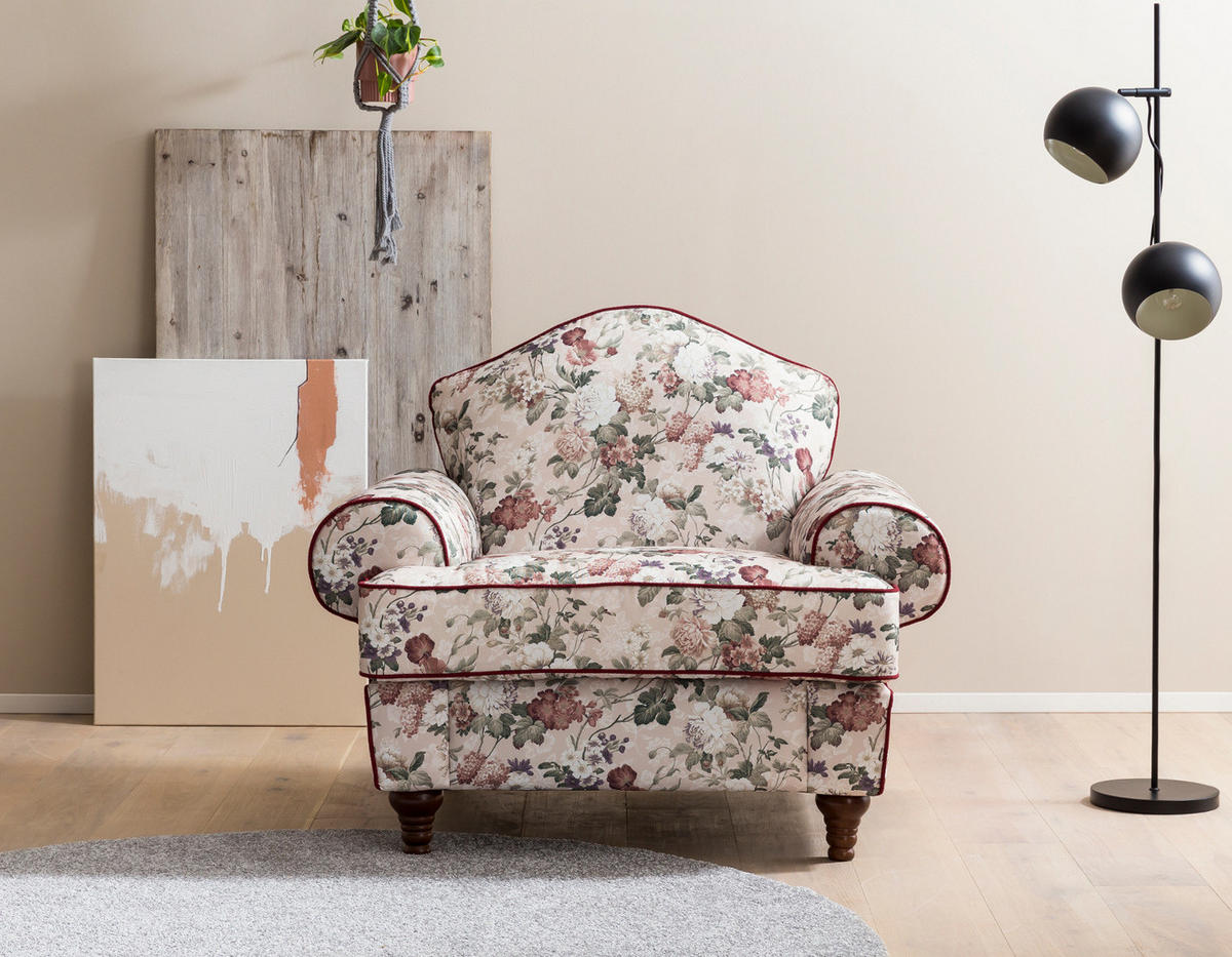 SESSEL creme Landhaus, Blumen Design, Loungesessel 110 cm - Rot/Multicolor, Holz/Textil (110/96/90cm) - Furn.Design