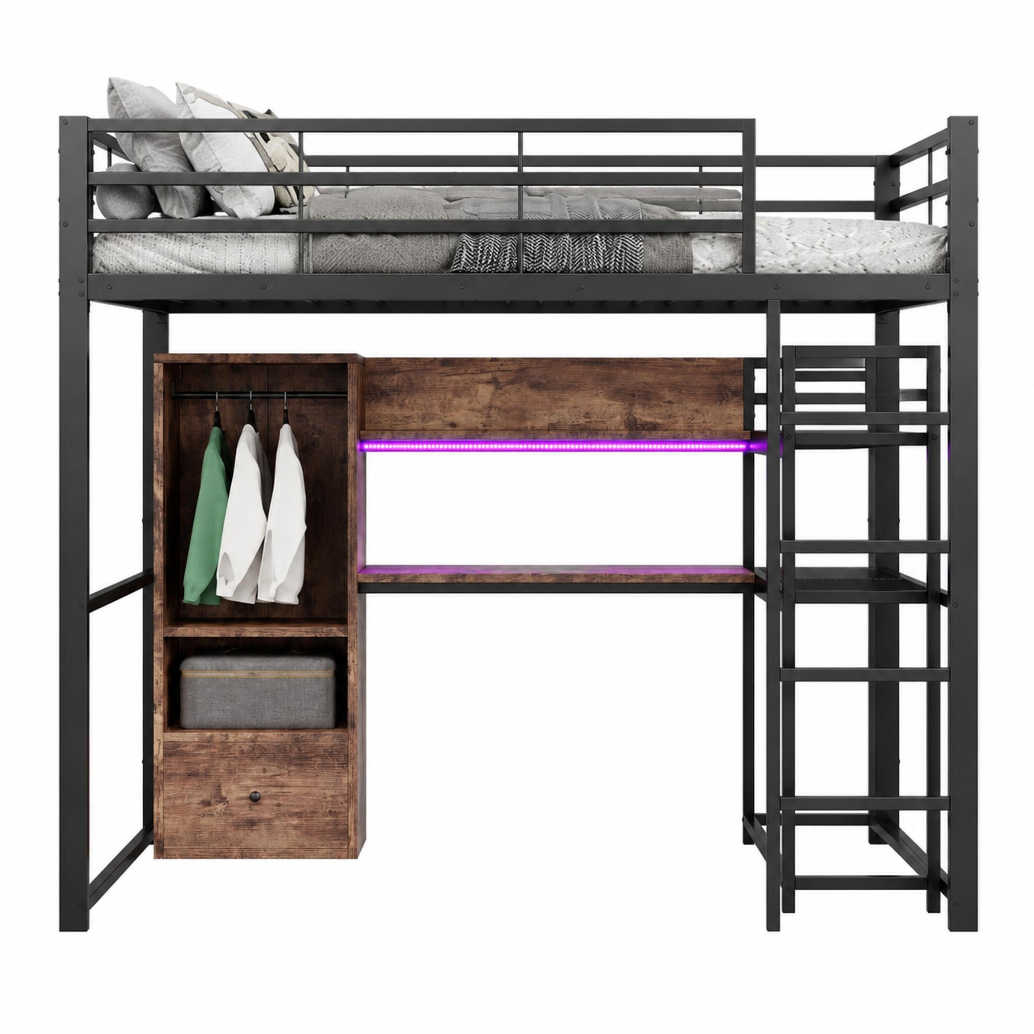 HOCHBETT mit Schreibtisch 140x200 cm Metall MDF Schwarz - Schwarz, Metall (140/200cm) - Meubliv