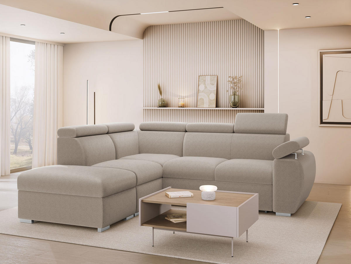 ECKSOFA Boston 2RR1P, Seite: Links PUFAP+R+1P(65)+2R - Silberfarben/Naturfarben, Holz/Textil (260/230cm) - MIRJAN24