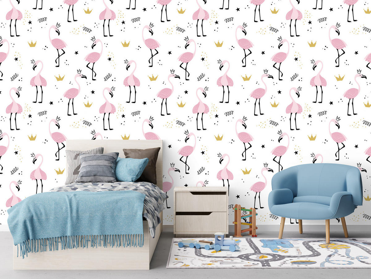 VLIESTAPETE Flamingos und Sterne – Rosa, Schwarz, Weiß – 50x1000 cm - Schwarz/Rosa, Papier (50/1000cm) - Muralo