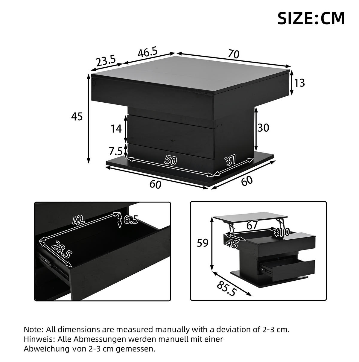 KONFERENČNÍ stolek 70/70/45 cm černý z dřevotřísky s otočnou a zvedací deskou - černá, kompozitní dřevo (70/70/45cm) - OKWISH