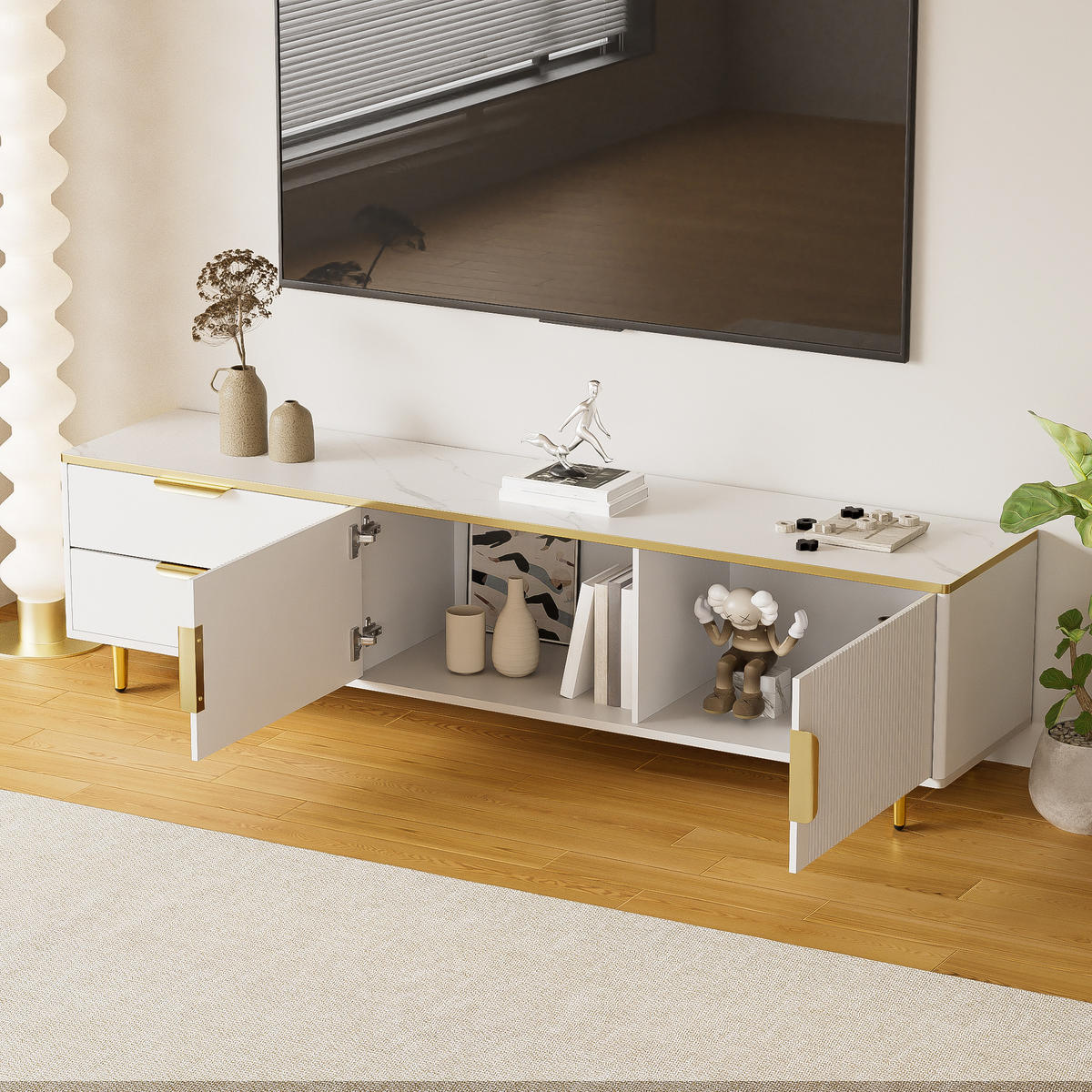 LOWBOARD in Weiß geschnitzter Oberfläche und Marmoroptik für Wohnzimmer, B170/T37/H45cm - Goldfarben/Weiß, Holzwerkstoff/Metall (175/45/40cm) - STILVORA