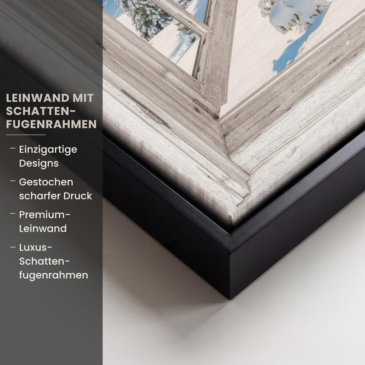 LEINWAND Bilder mit Rahmen - Winterlandschaft - Hütte - Berge - Ausblicke - Aussicht - Natur - 70x100 - Weiß Hochglanz, Textil (70/100cm) - MuchoWow