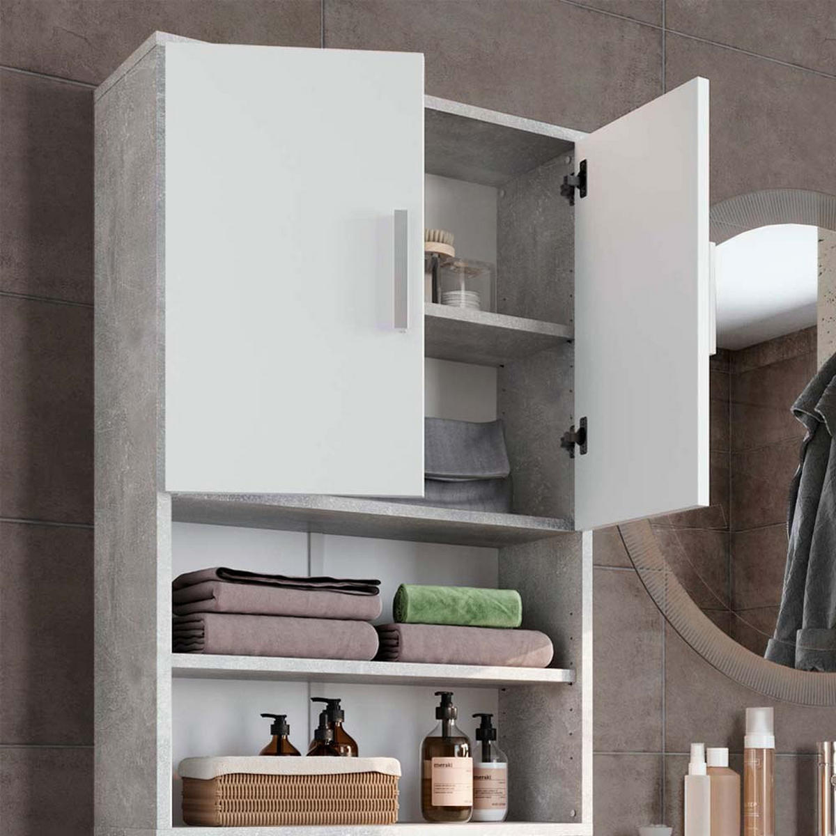 TOILETTENSCHRANK Beton/Weiß 64 x 190 cm mit 2 Türen - Weiß/Grau, Holzwerkstoff (64/190/26cm) - Vicco